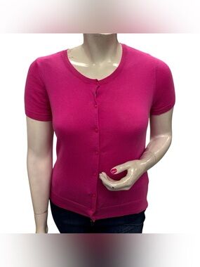 LOFT Short-Sleeve Button-Down Cardigan Sweater - Hot Pink Size L